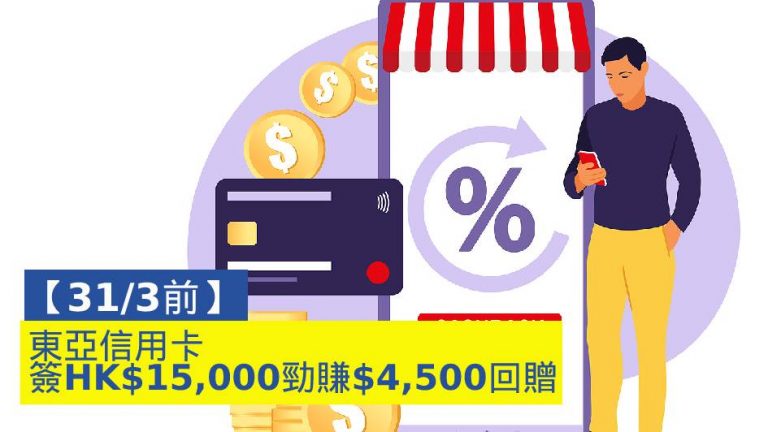 【31/3前】東亞信用卡 簽HK$15,000勁賺$4,500回贈！